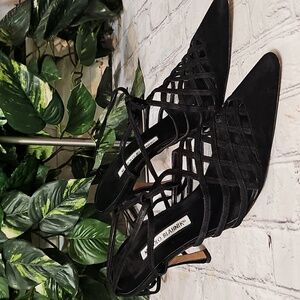 Manolo Blahnik Black Strappy Pointed-Toe Heels